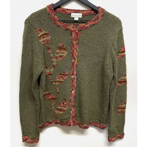 Northern Isles Cardigan Sweater Womens L Green Floral Silk Linen Blend Granny
